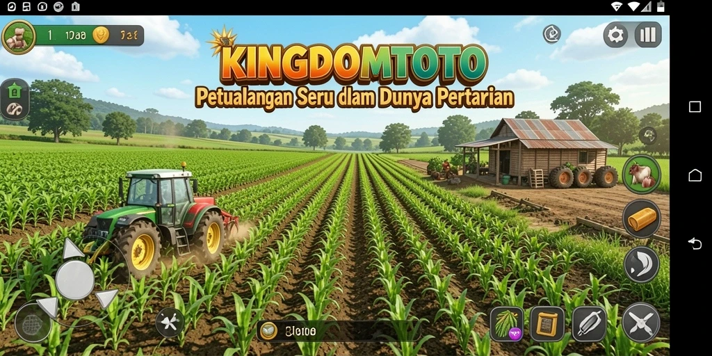 Tampilan gameplay KINGDOMTOTO yang menampilkan kebun yang indah dan hewan ternak.