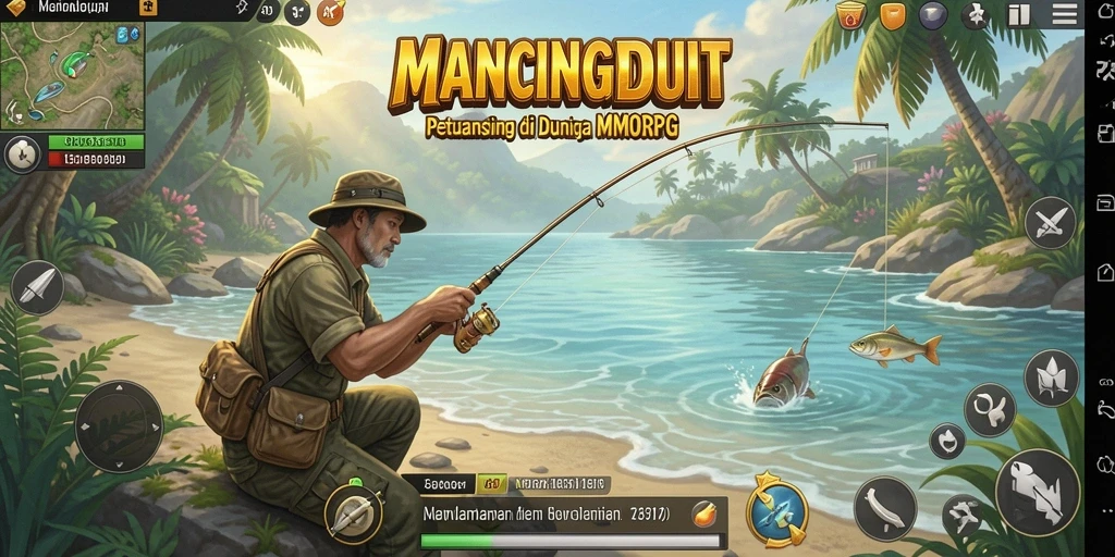 Screenshot gameplay MANCINGDUIT menunjukkan suasana memancing yang seru dan interaksi sosial antar pemain.