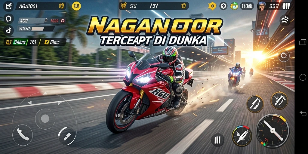 Screenshot gameplay NAGA1001 menampilkan balapan motor yang seru dan aksi mendebarkan.