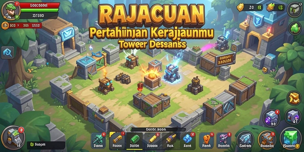 Tampilan gameplay seru di RAJACUAN dengan menara dan musuh yang dinamis.