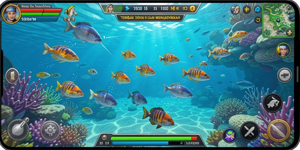 Tampilan gameplay V21 menembak ikan dengan efek visual menakjubkan.